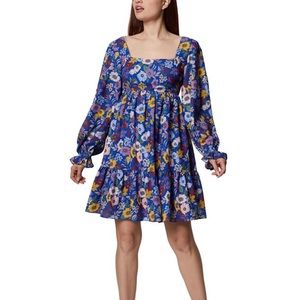 BCBGENERATION Navy Floral Balloon-Sleeve Square Neck Babydoll Dress